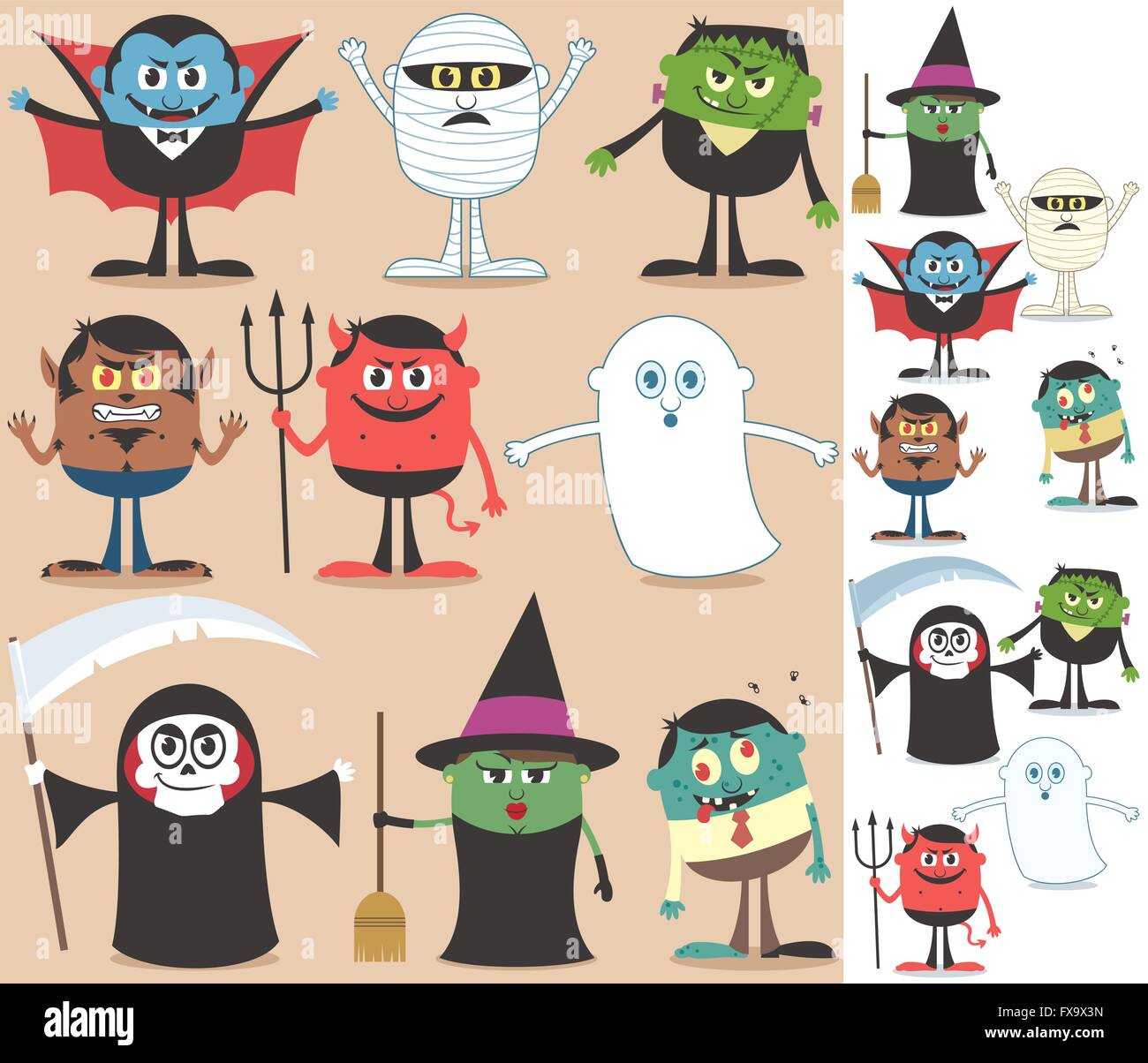 Collection de personnages de l'Halloween. Sur la droite sont les mêmes caractères adaptés à fond blanc. Illustration de Vecteur