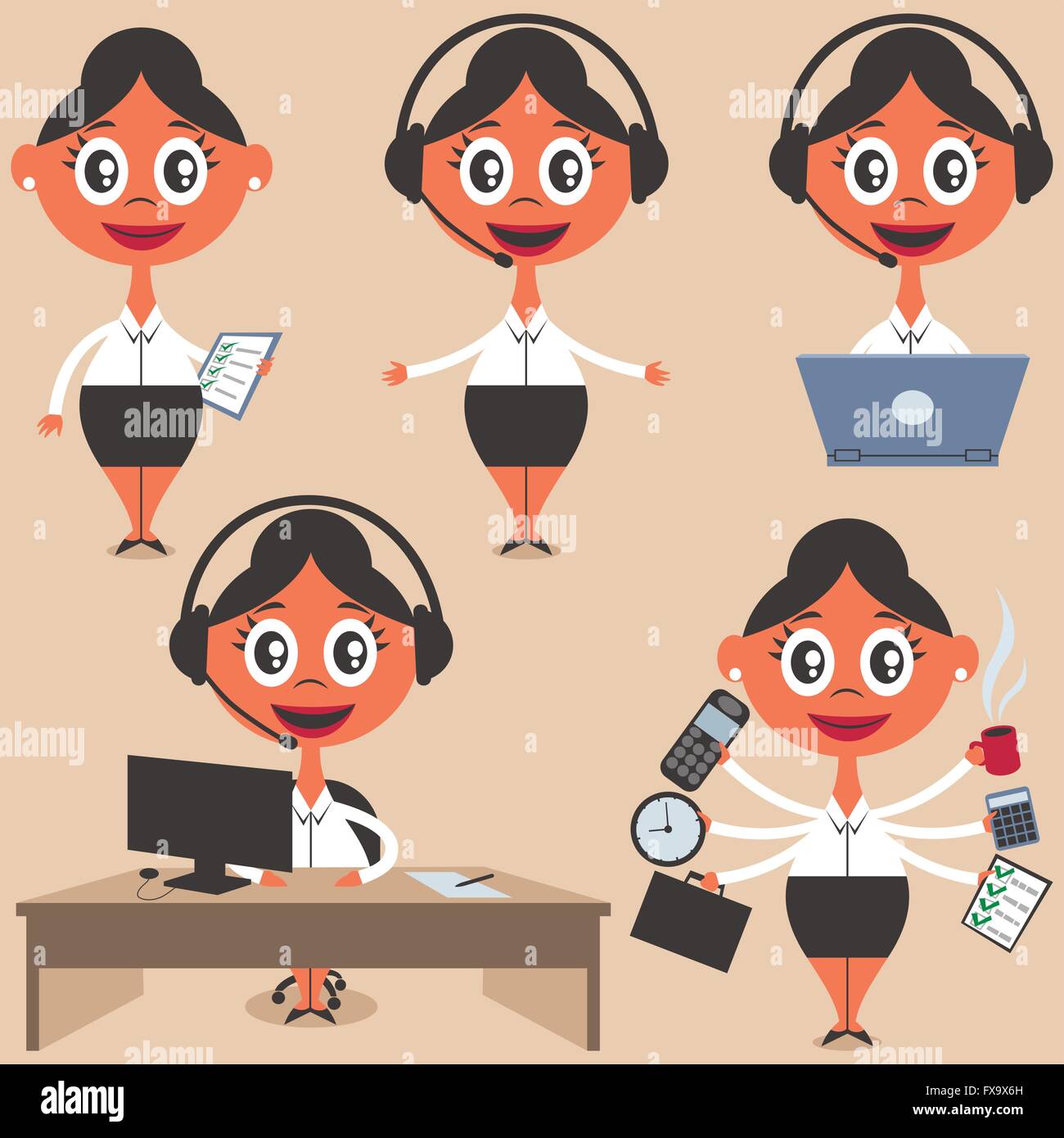 Ensemble de 5 illustrations secrétaire. Pas de transparence et des dégradés utilisés. Illustration de Vecteur
