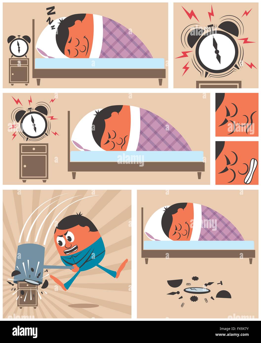 Courte histoire sur l'homme de la difficulté à se réveiller le matin. Pas de transparence et des dégradés utilisés. Illustration de Vecteur