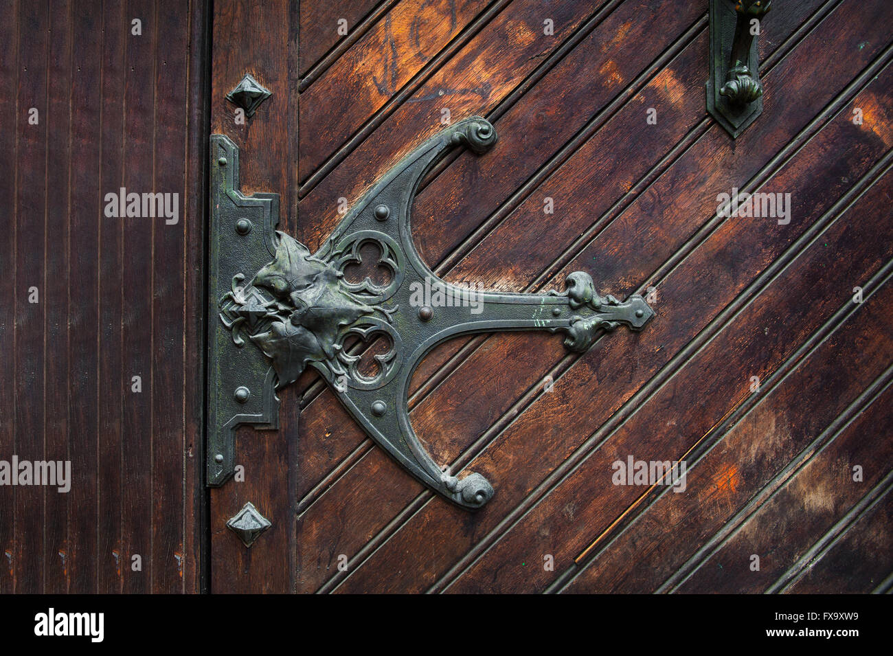 Élément de metal jette sur la porte en bois Banque D'Images