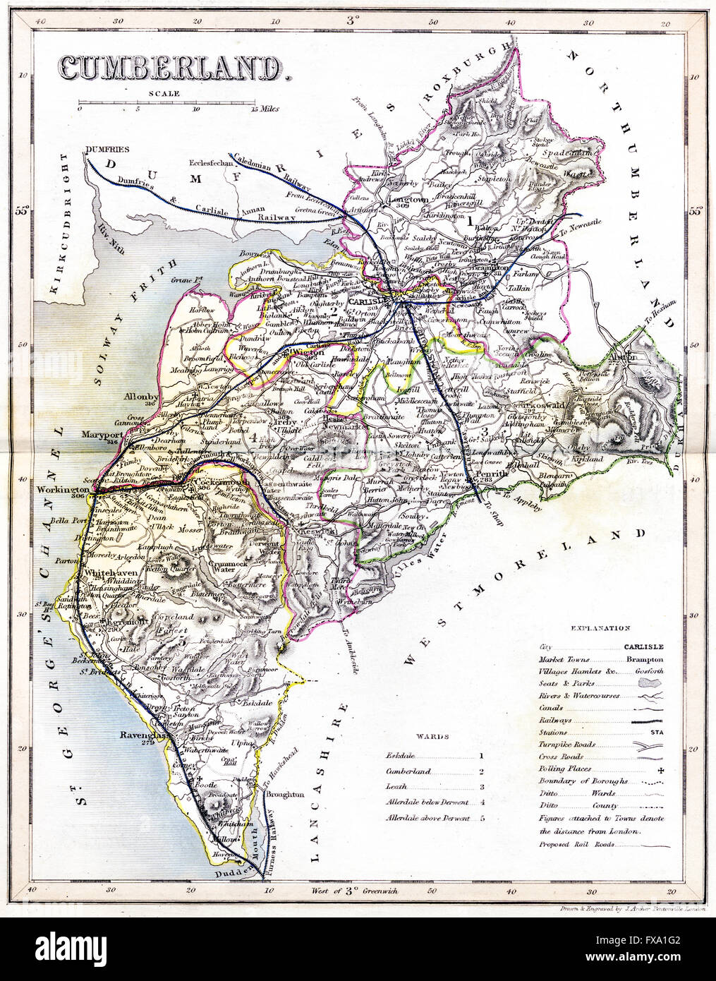 Une vieille carte en couleur de Cumberland numérisées à haute résolution à partir d'un livre imprimé autour de 1850. Croyait libres de droit. Banque D'Images