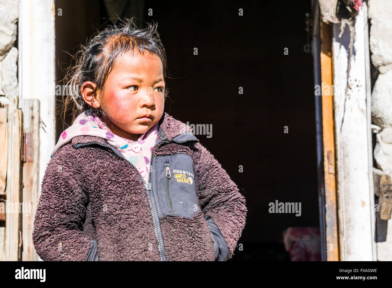 Portrait d'un petit garçon debout devant une porte, Dughla, Solo Khumbu, Népal Banque D'Images