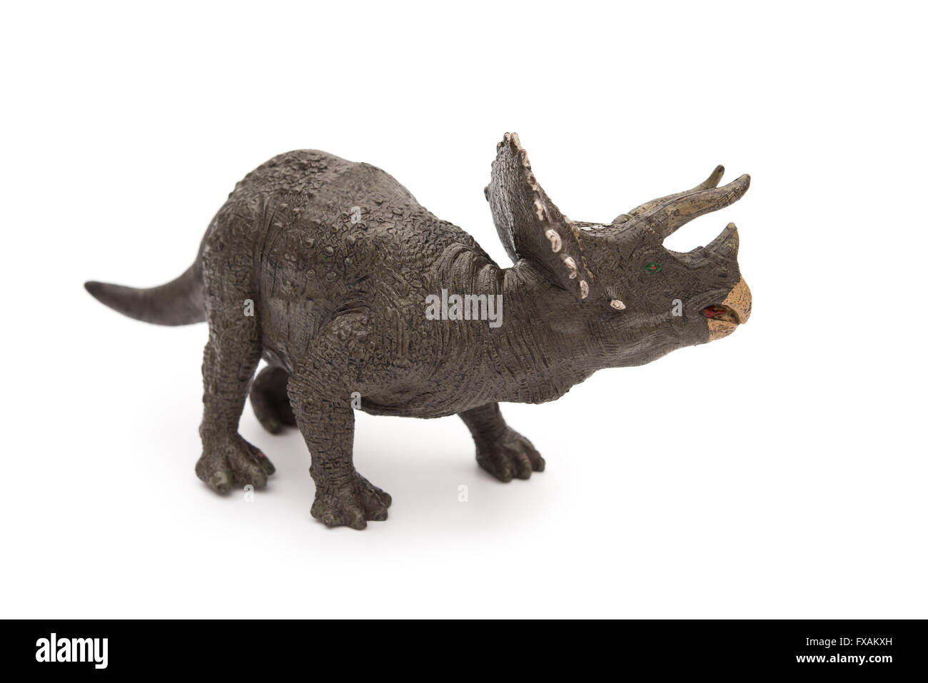 Triceratops toy gris sur fond blanc Banque D'Images