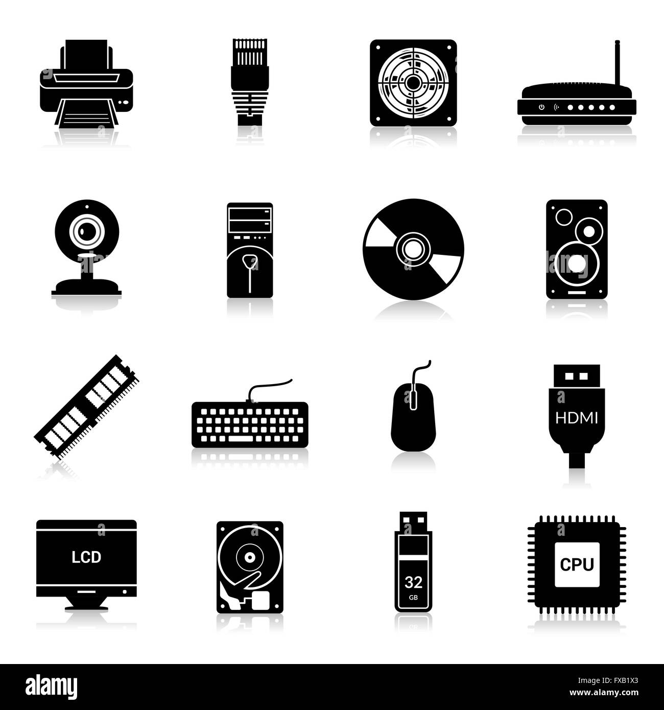 Les pièces d'ordinateurs Icons Black Illustration de Vecteur