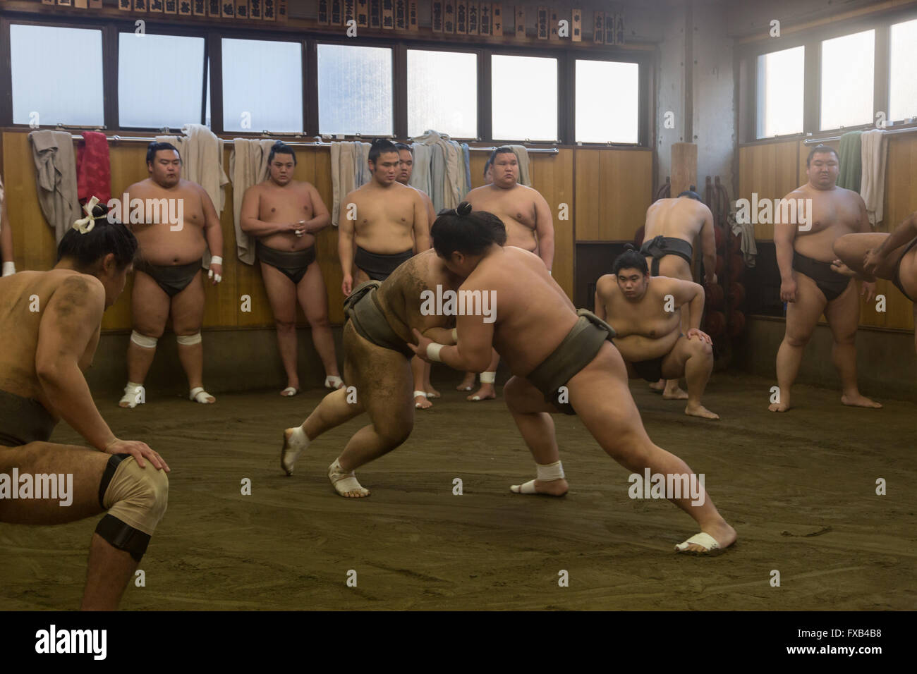 Tokyo, Japon - 21 décembre 2014 : lutteur de sumo japonais dans leur formation dans le quartier de Ryogoku de décrochage. Banque D'Images
