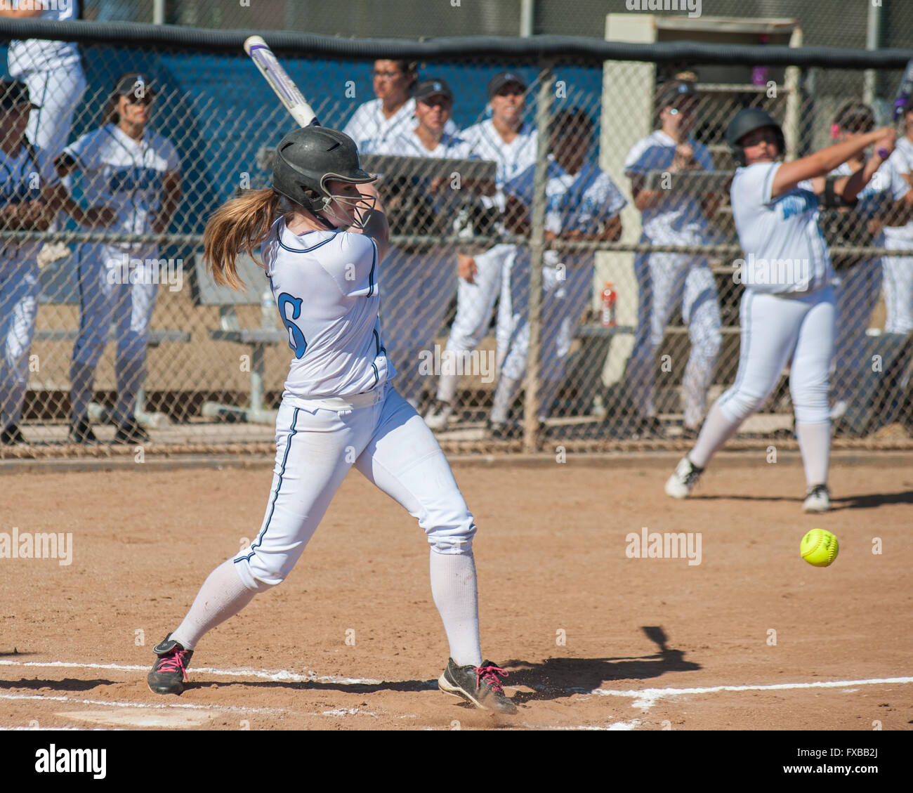 En softball uniforme blanc avec l'oeil sur balle rebondissante. Banque D'Images