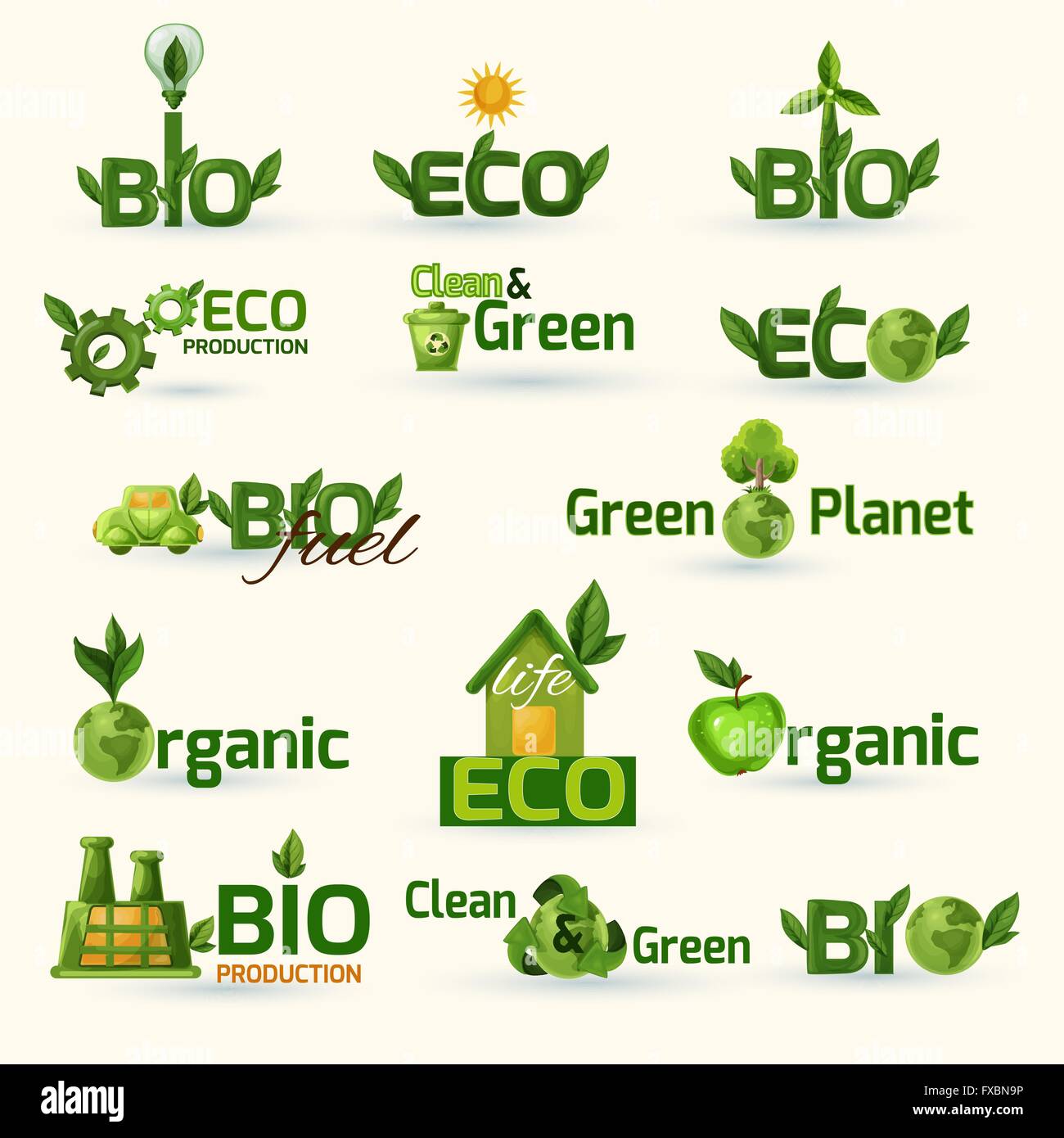 L'écologie vert Text Icons Set Illustration de Vecteur