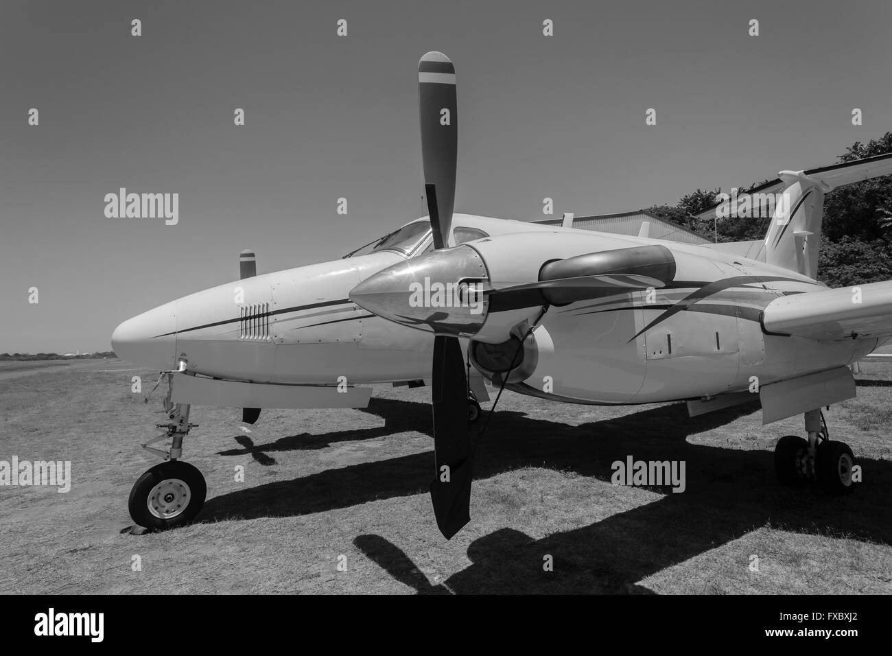 Avion avion léger bimoteur à piston propellor photo gros plan sur la piste en herbe de l'aérodrome Banque D'Images