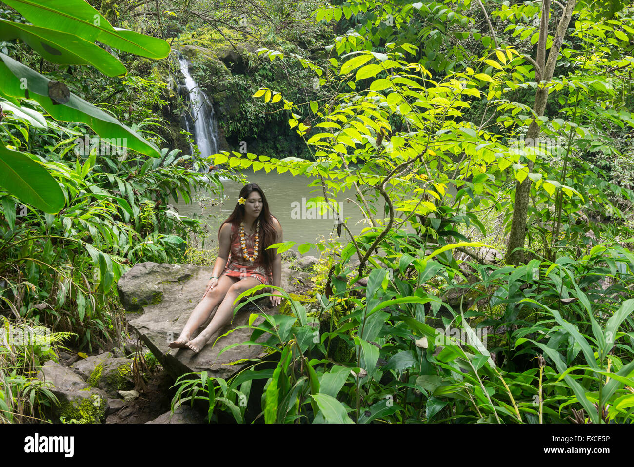 USA, Hawaii, Maui, Hana, Hawaiian beauty at waterfall Banque D'Images