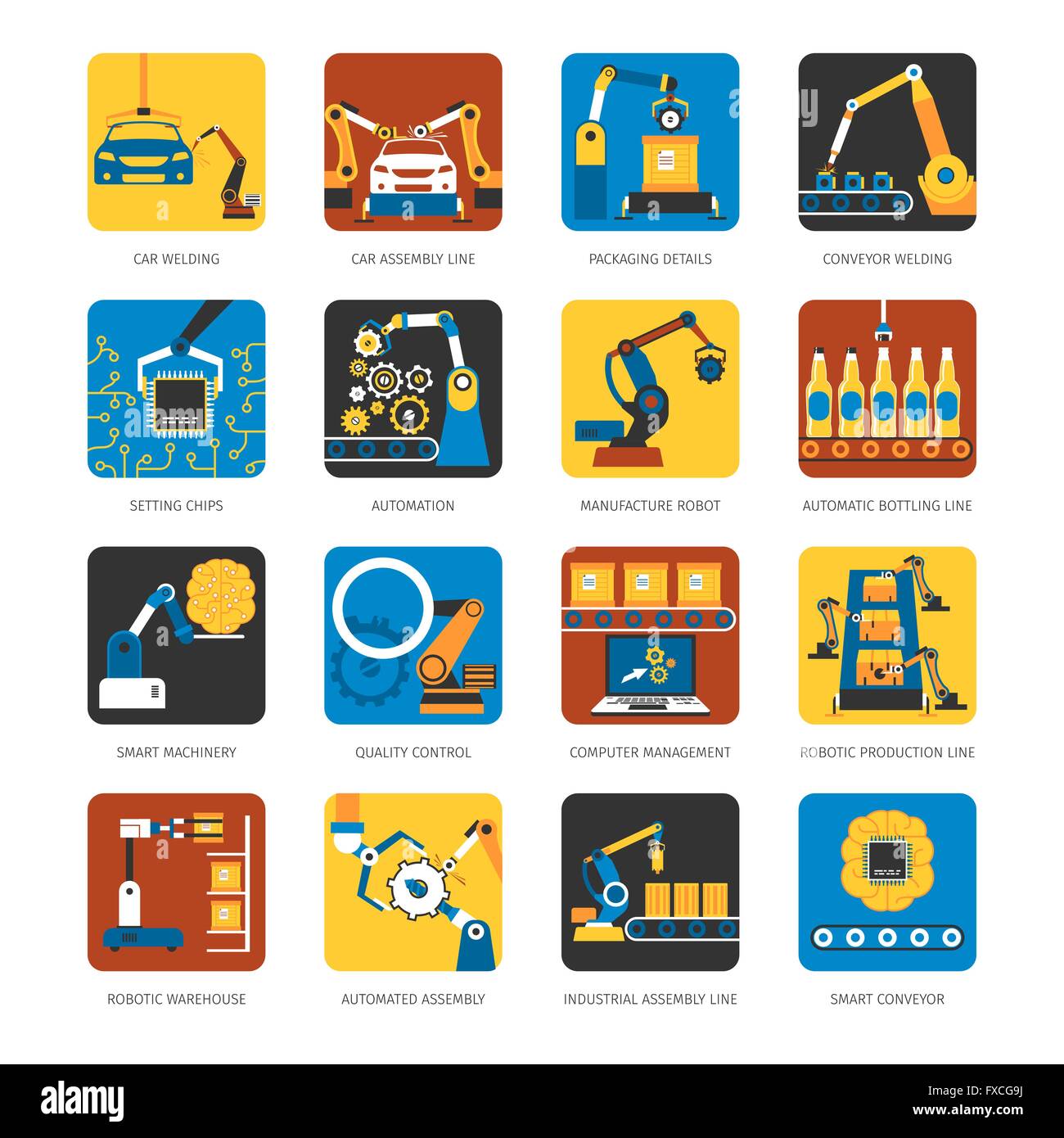 Ligne d'assemblage industriel Télévision Icons Set Illustration de Vecteur