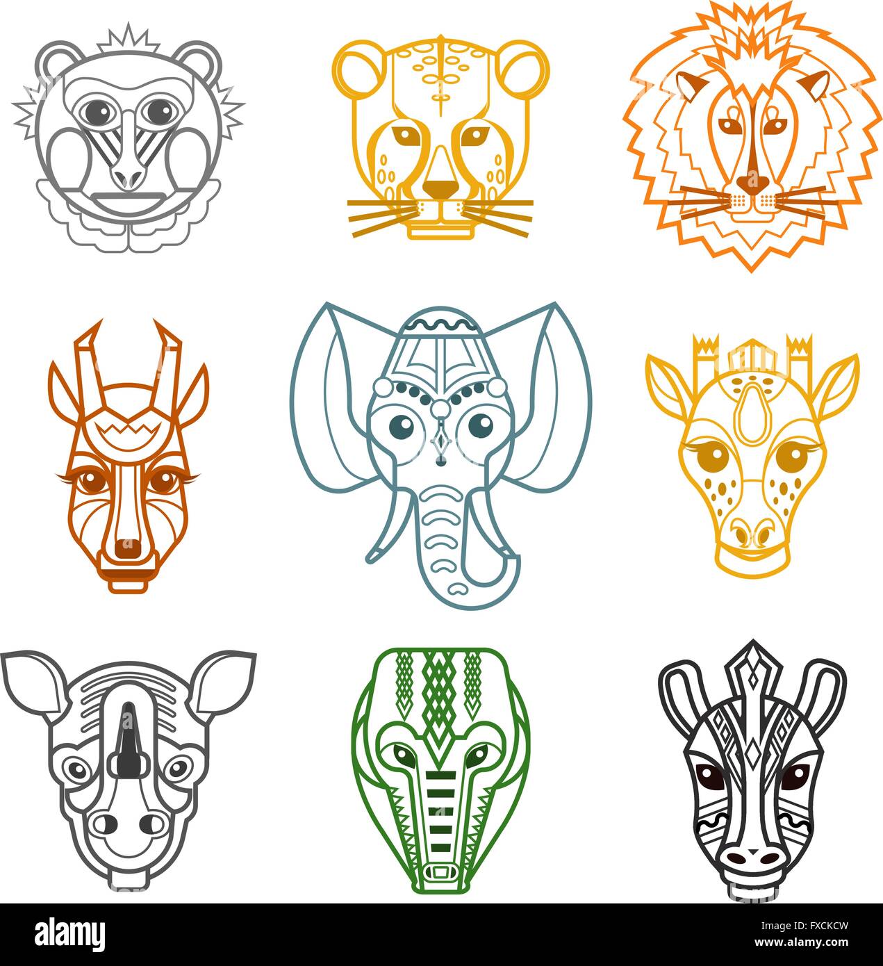 Animaux d'Afrique masque les icônes de ligne de têtes Illustration de Vecteur