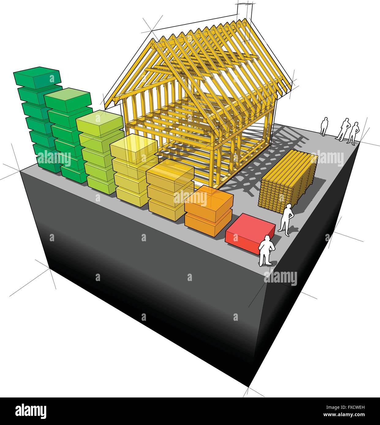 Construction de maison individuelle simple avec cadre en bois construction avec schéma de classification d'énergie Illustration de Vecteur