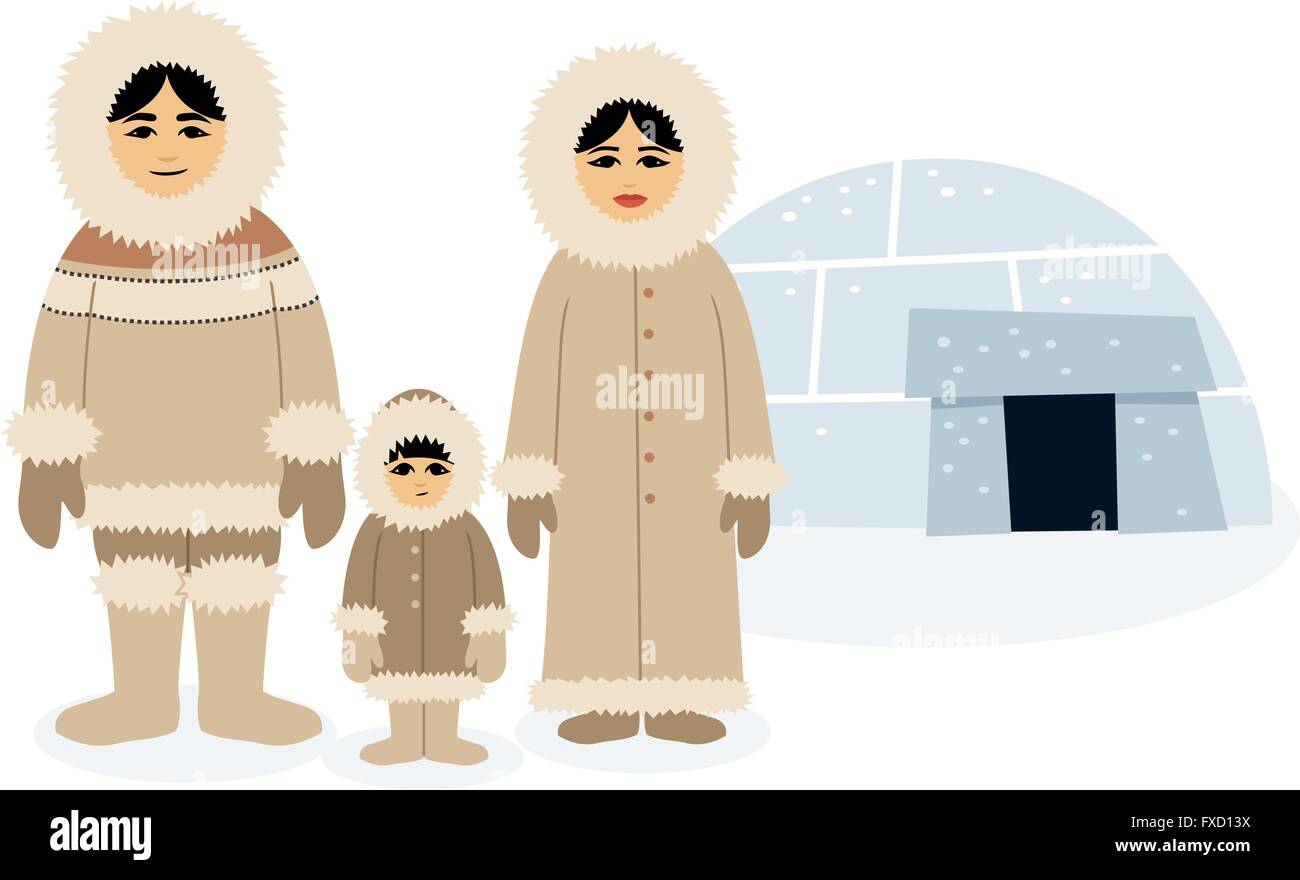 La famille eskimo posant devant leur igloo. Illustration de Vecteur
