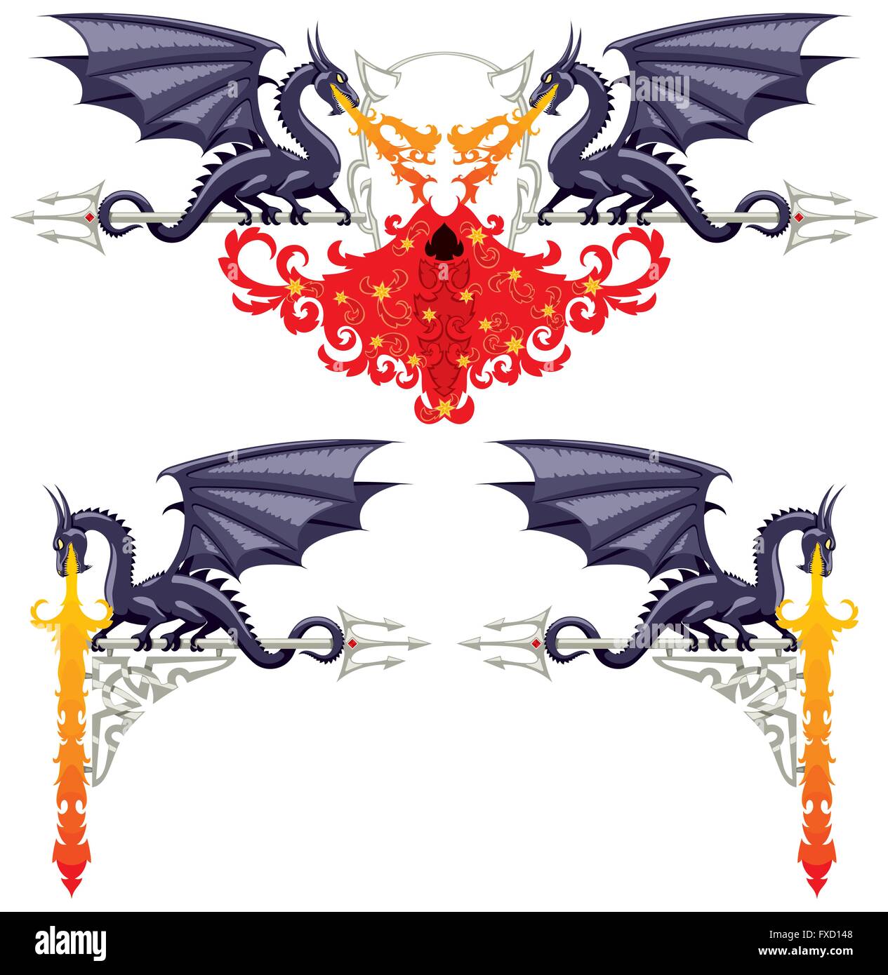 Ornements floraux fantasy avec des dragons, de flammes et d'un diable. Illustration de Vecteur