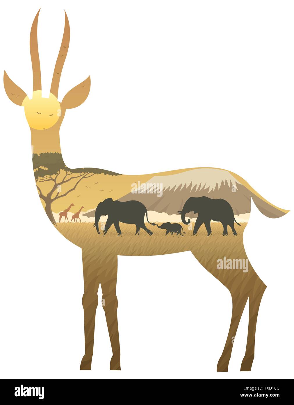 Paysage africain en silhouette de gazelle. Pas de transparence utilisés. Les gradients de base (linéaire) utilisé. Illustration de Vecteur