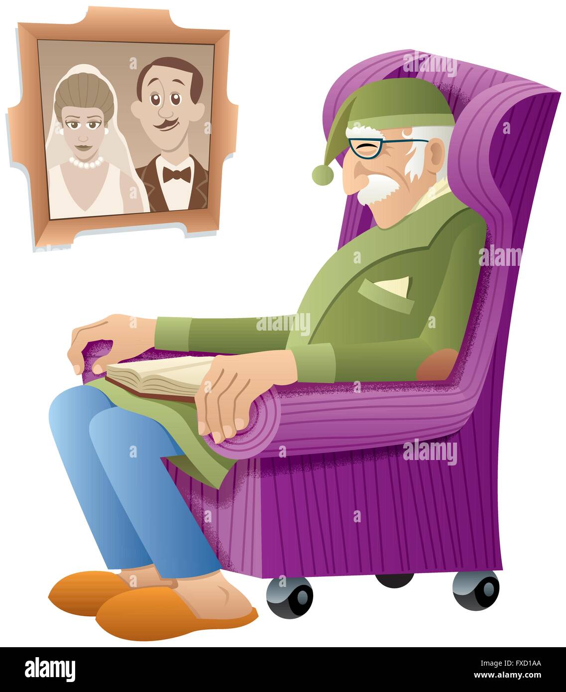 Vieil homme dormir dans un fauteuil avec livre sur ses genoux. Illustration de Vecteur