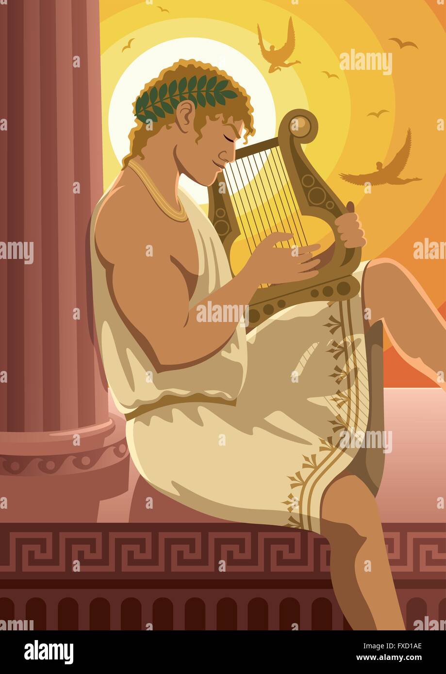 Dieu du Soleil Apollon jouant de sa lyre. Pas de transparence utilisés. Illustration de Vecteur