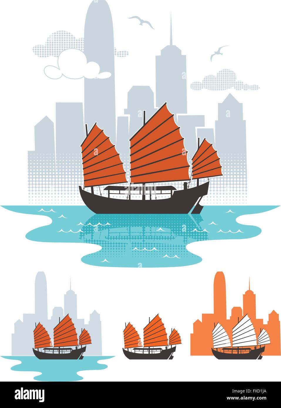 Illustration de junk boat à Hong Kong. Ci-dessous sont 3 autres variations simplifié. Illustration de Vecteur