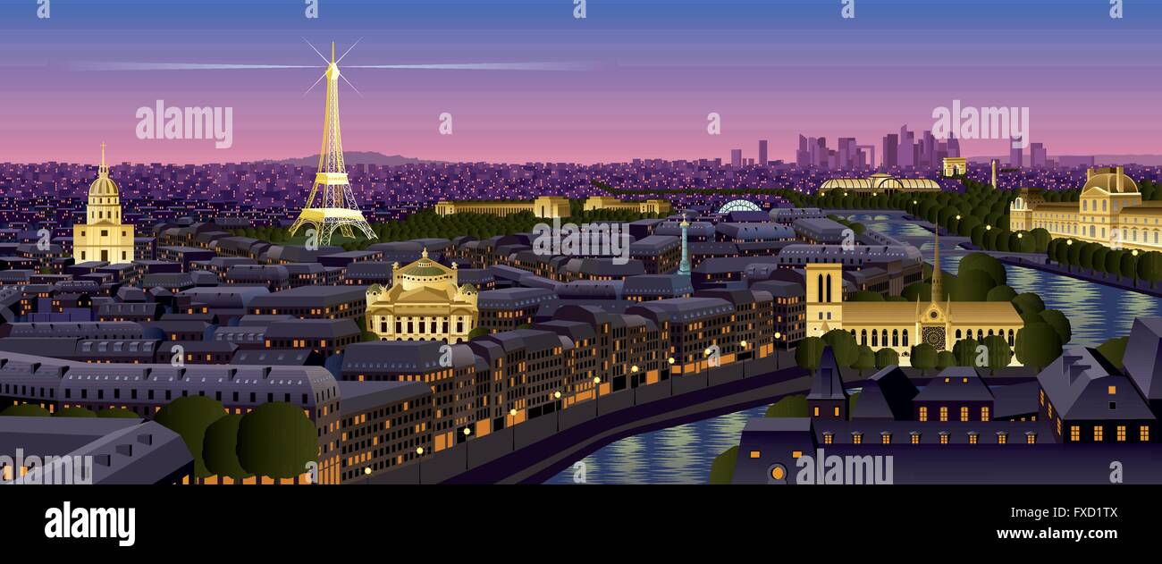 La ville de Paris au crépuscule. Pas de transparence utilisés. Les gradients de base (linéaire). Illustration de Vecteur