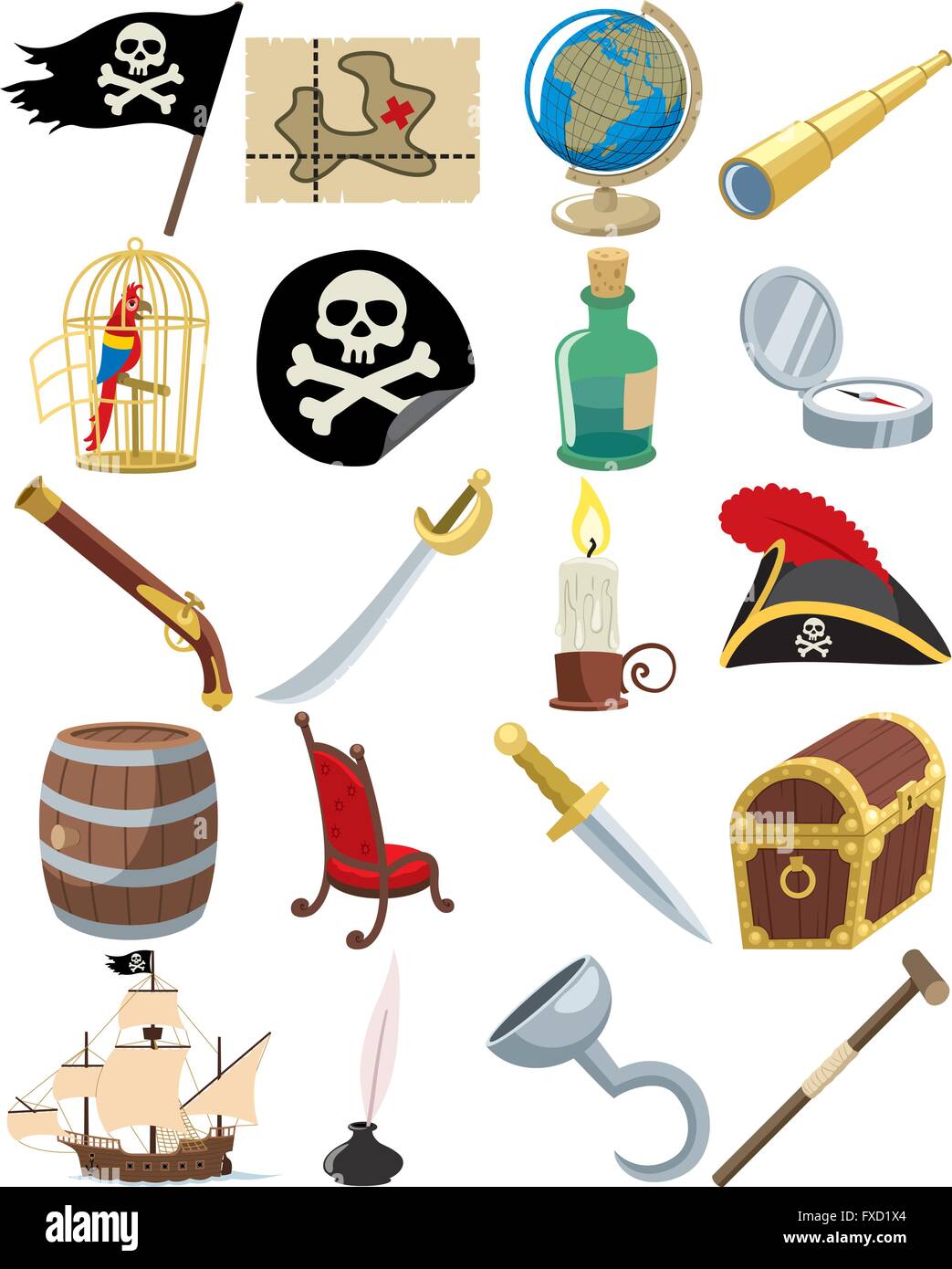 Collection de 20 accessoires pirate dessin animé. Illustration de Vecteur