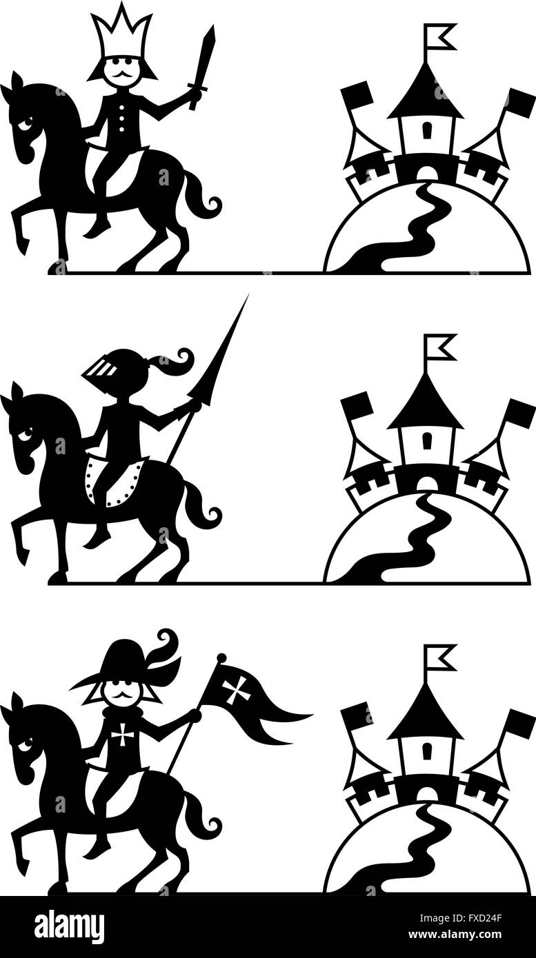 Photo stylisée de prince, chevalier et mousquetaire et leur château. Vous pouvez les utiliser comme logo ou décoration. Vous pouvez également agrandir Illustration de Vecteur