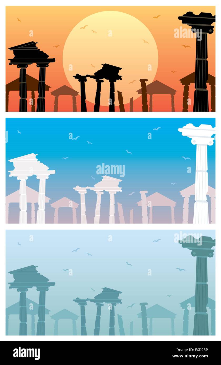Ruines de la ville antique. 3 versions de couleur. Illustration de Vecteur