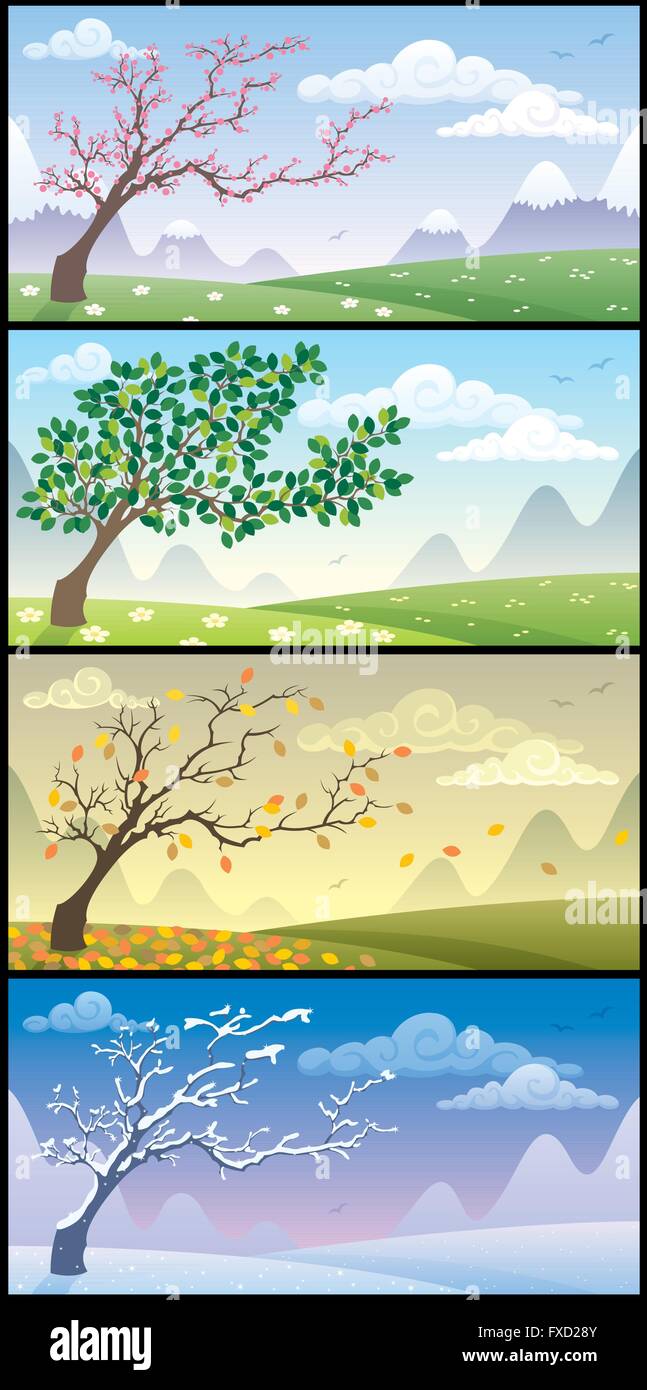 Cartoon paysage pendant les quatre saisons. Illustration de Vecteur