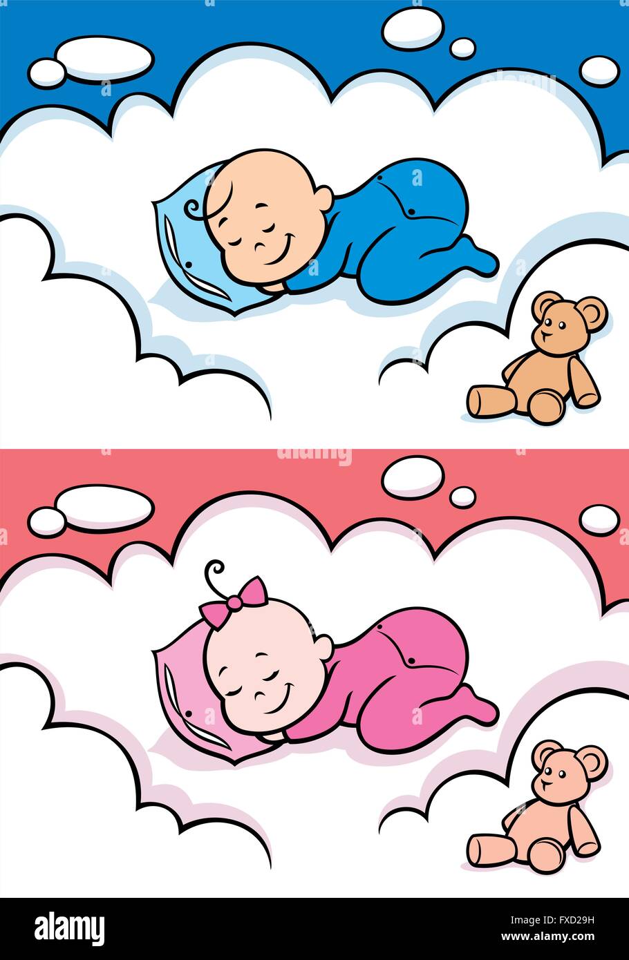 Bébé de dessin animé dormant sur le nuage. L'illustration est en 2 versions pour bébé garçon et bébé fille. Vous pouvez étendre la couleur du ciel Illustration de Vecteur
