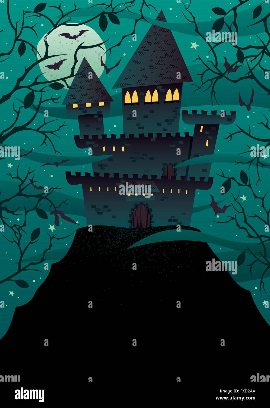 Cartoon Spooky castle sur pente raide avec copie espace. Pas de transparence utilisés. Les gradients de base (linéaire). Illustration de Vecteur