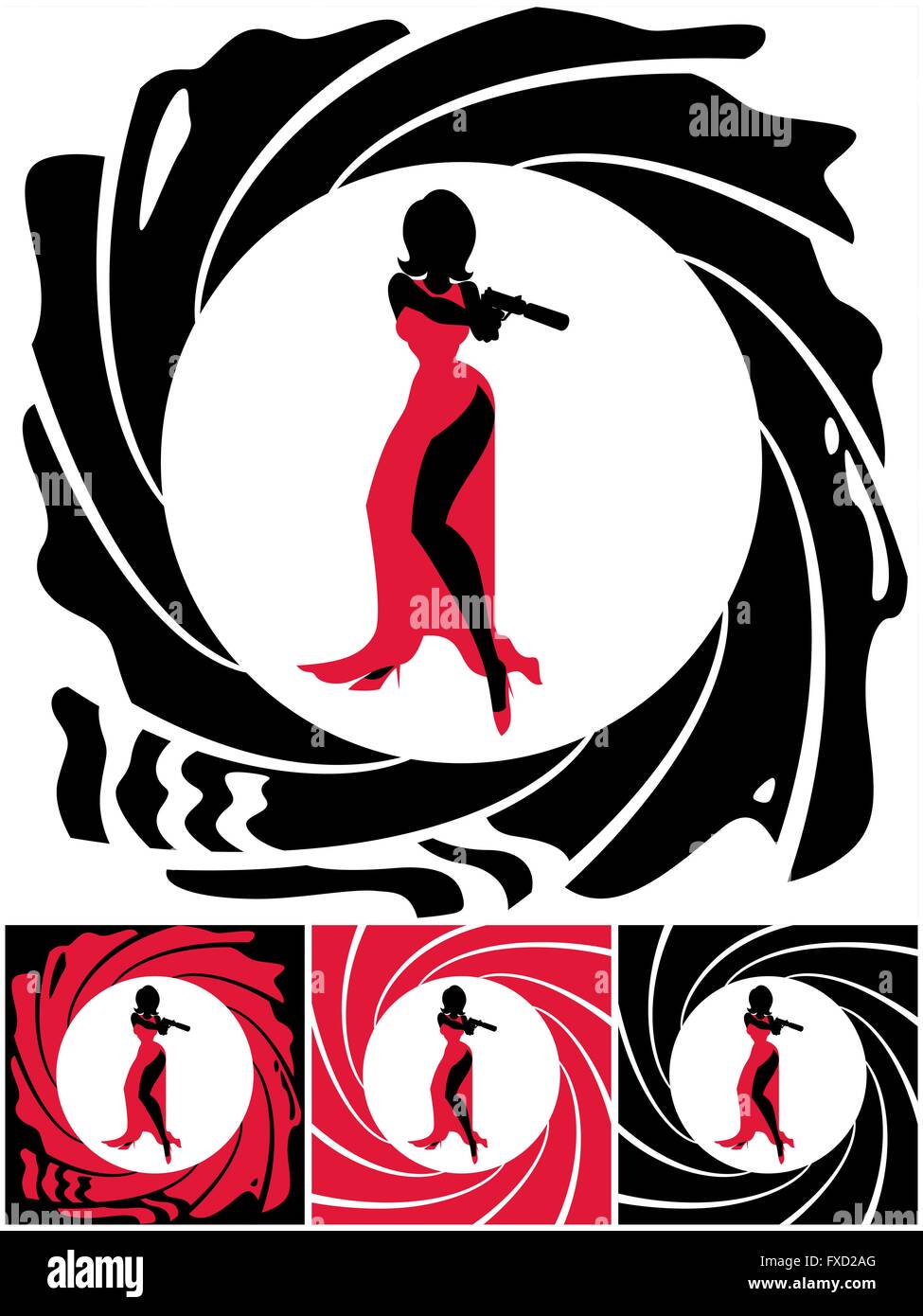 Silhouette de femme agent secret. L'illustration est en 4 versions. Pas de transparence et des dégradés utilisés. Illustration de Vecteur