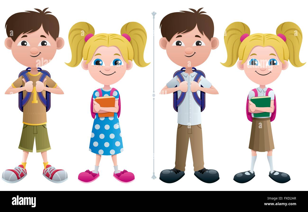 Vector illustration d'écolier et lycéenne en 2 versions - Ambiance décontractée et à l'uniforme scolaire. Illustration de Vecteur