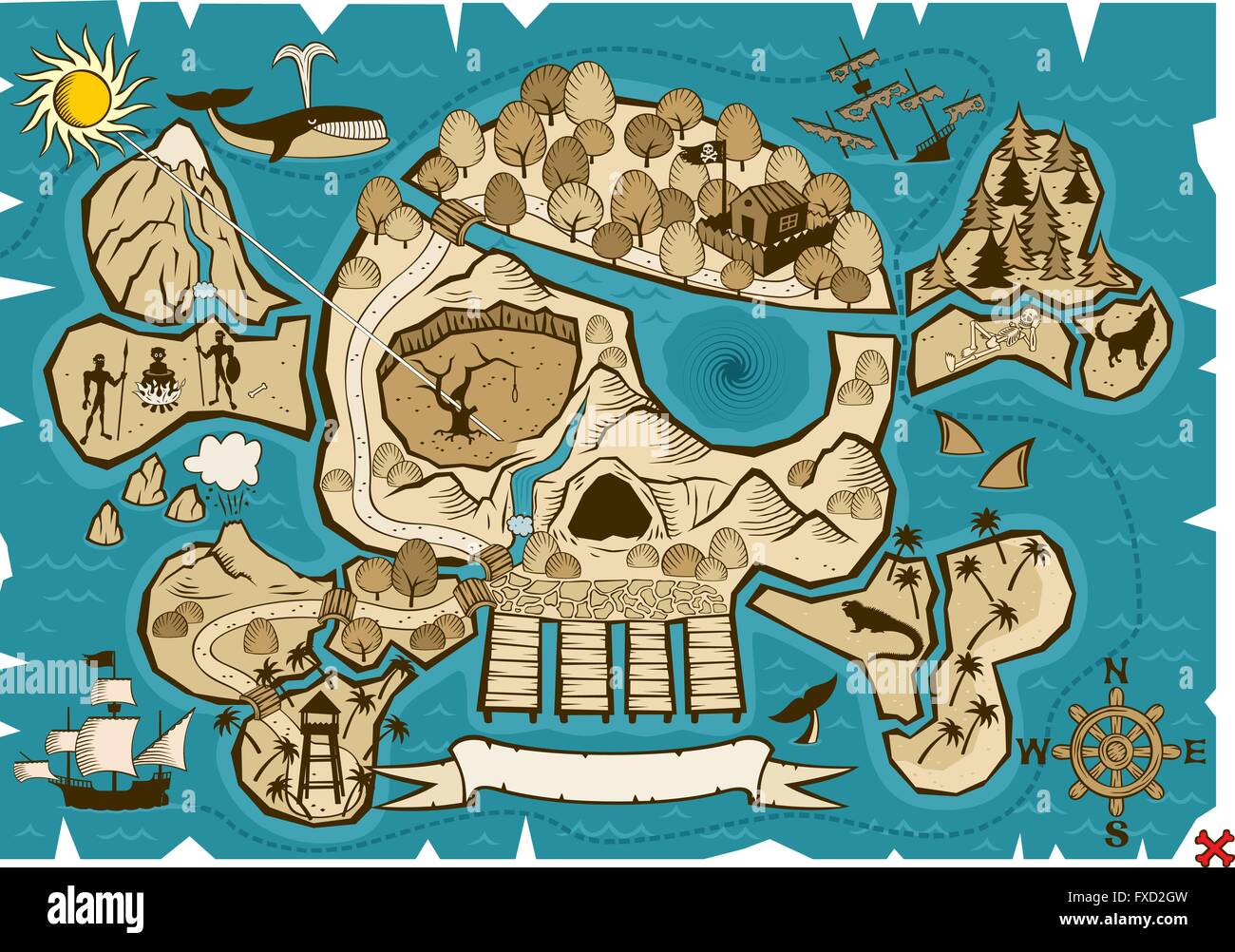 Carte de l'île au trésor en forme de crâne et os. Utiliser le X dans le coin inférieur droit pour marquer la place du trésor. Illustration de Vecteur