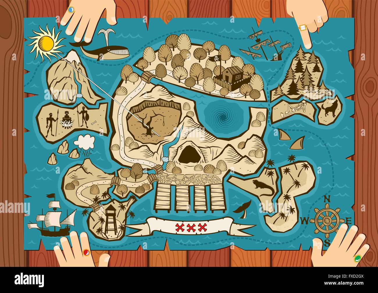 Carte de l'île au trésor en forme de crâne et os, placés sur 24 et examinés par 2 hommes (probablement pirates). Utilisez l'une des 3 X Illustration de Vecteur