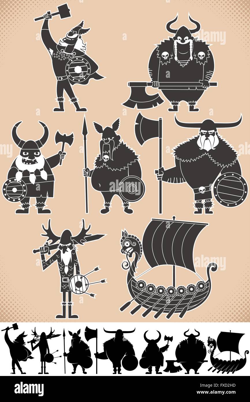 Jeu de silhouettes Viking cartoon, chacun en 2 versions. Pas de transparence et des dégradés utilisés. Illustration de Vecteur