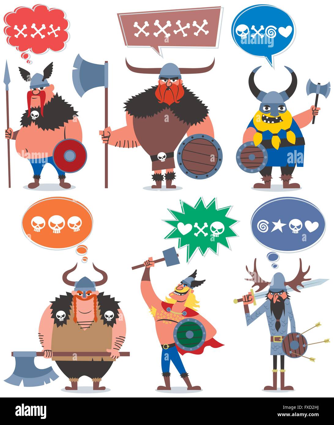 6 cartoon Vikings sur fond blanc. Pas de transparence et des dégradés utilisés. Illustration de Vecteur