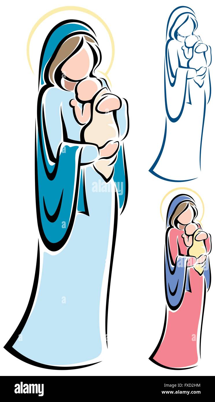 Illustration stylisée de la Vierge Marie portant l'enfant Jésus. Illustration de Vecteur