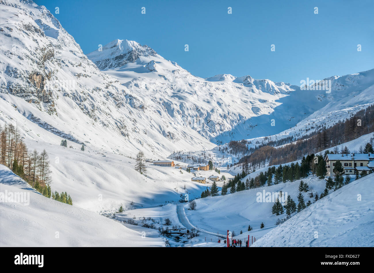 Paysage d'hiver à Val Fex dans l'Engadine, Grisons, Suisse Banque D'Images