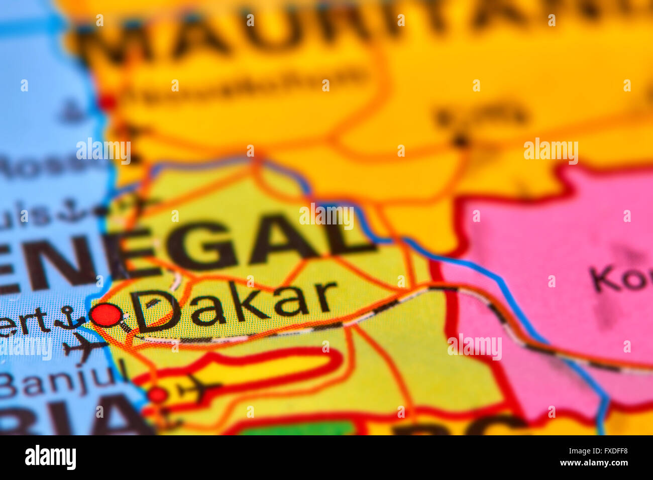 Dakar, capitale du Sénégal en Afrique sur la carte du monde Banque D'Images