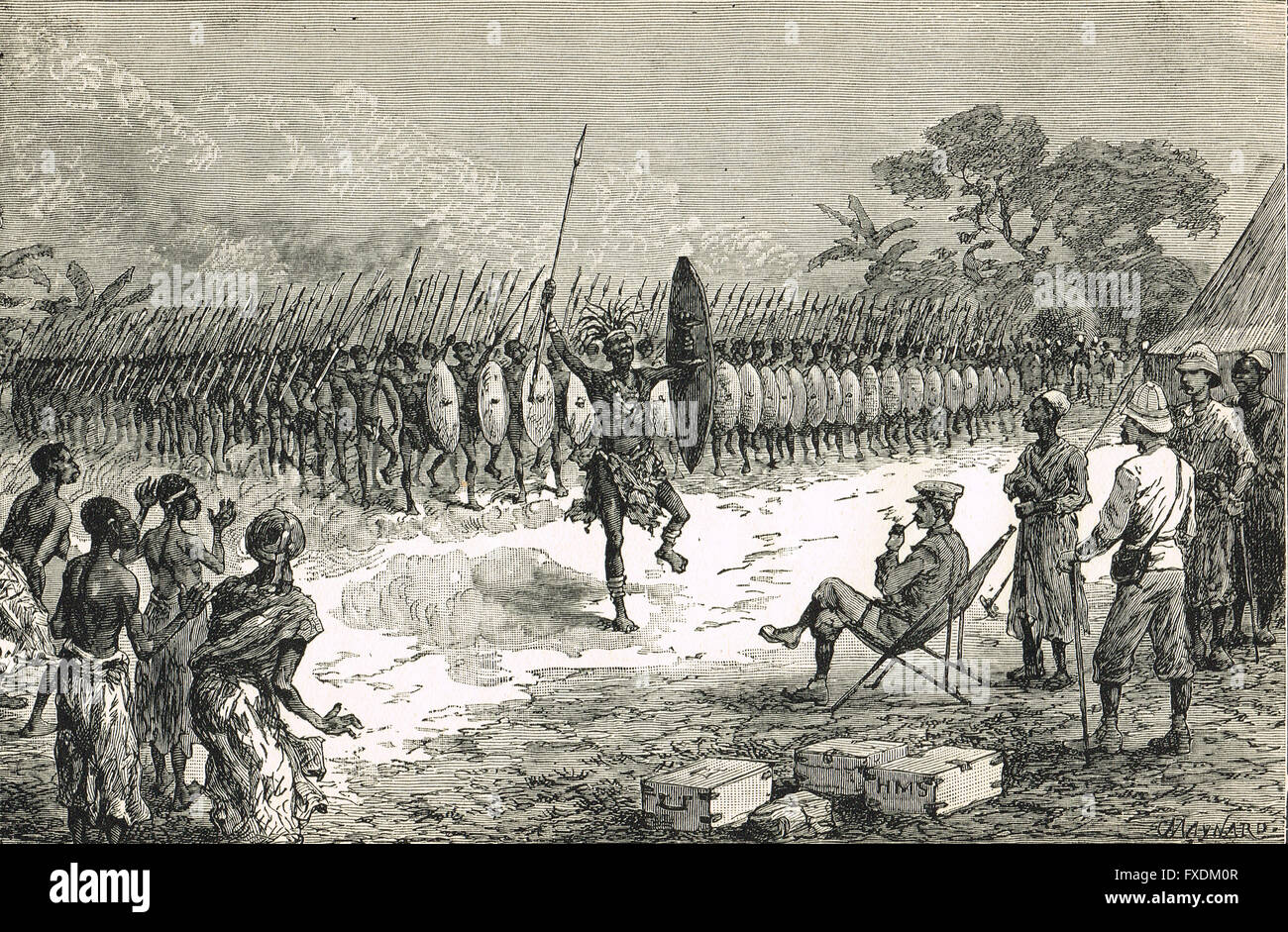 Regarder Stanley une phalange par Mazamboni danse guerriers de l'expédition de secours Emin Pacha, 1886 à 1889 Banque D'Images