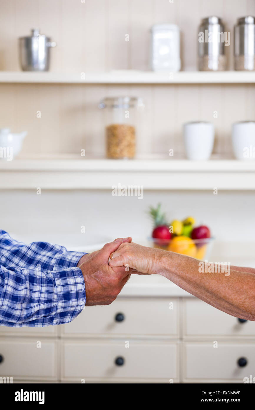 Portrait of senior couple holding hands in kitchen Banque D'Images