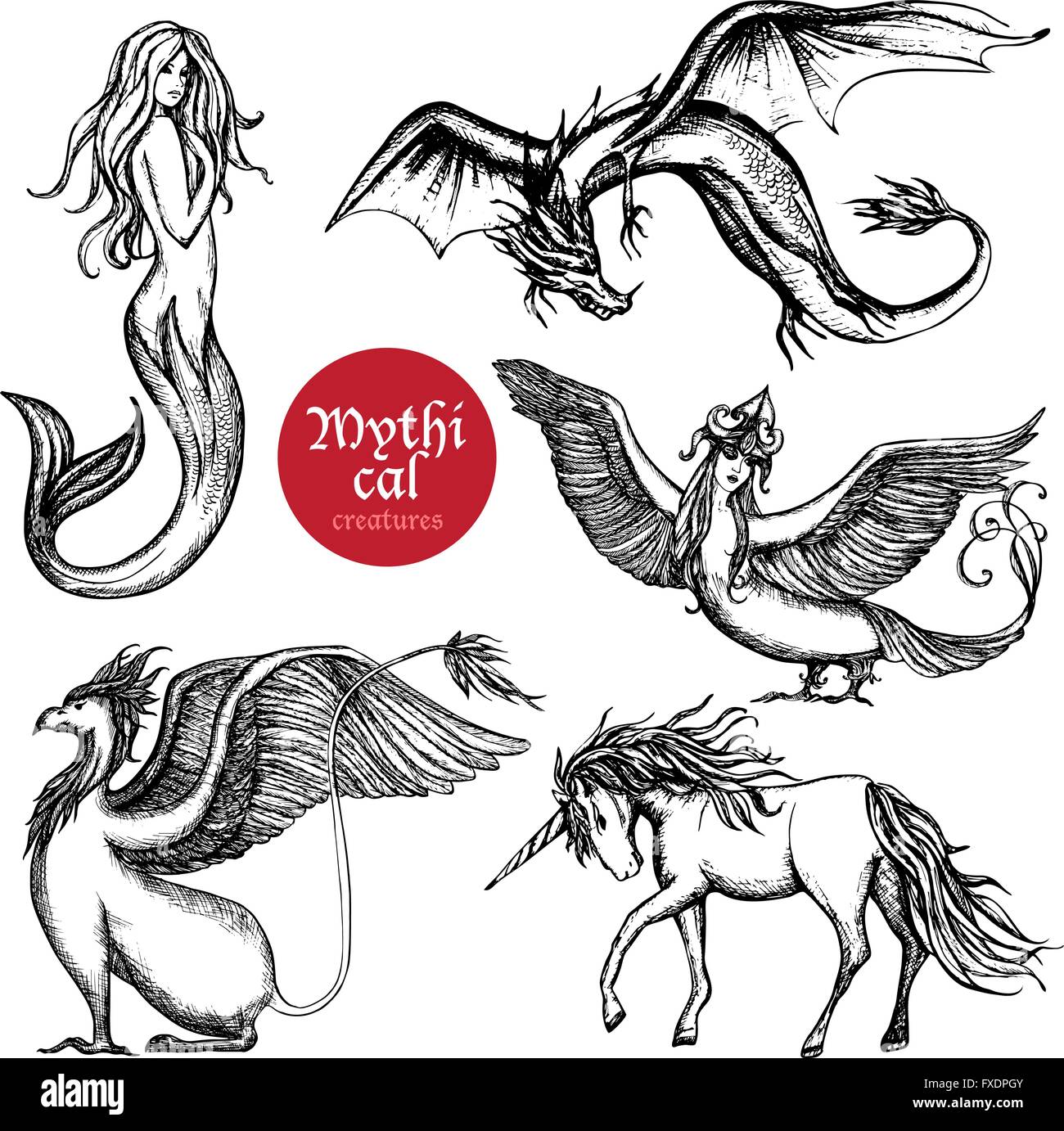 Des Créatures mythiques jeu de croquis dessinés à la main, Illustration de Vecteur