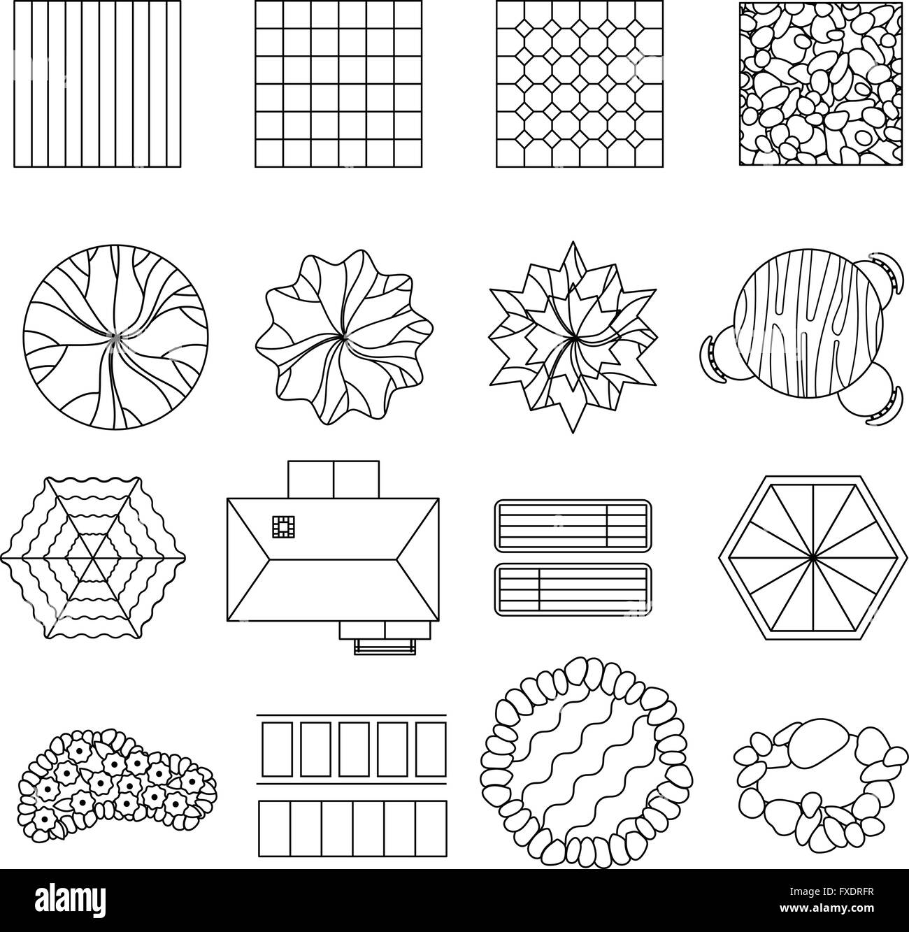 Éléments de design paysagiste ligne set Illustration de Vecteur