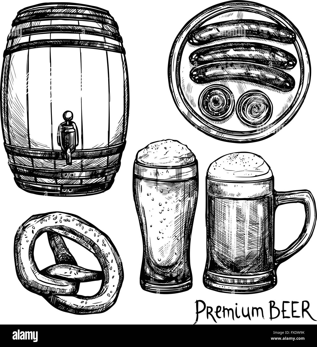 Croquis de la bière Icon Set de décoration Illustration de Vecteur