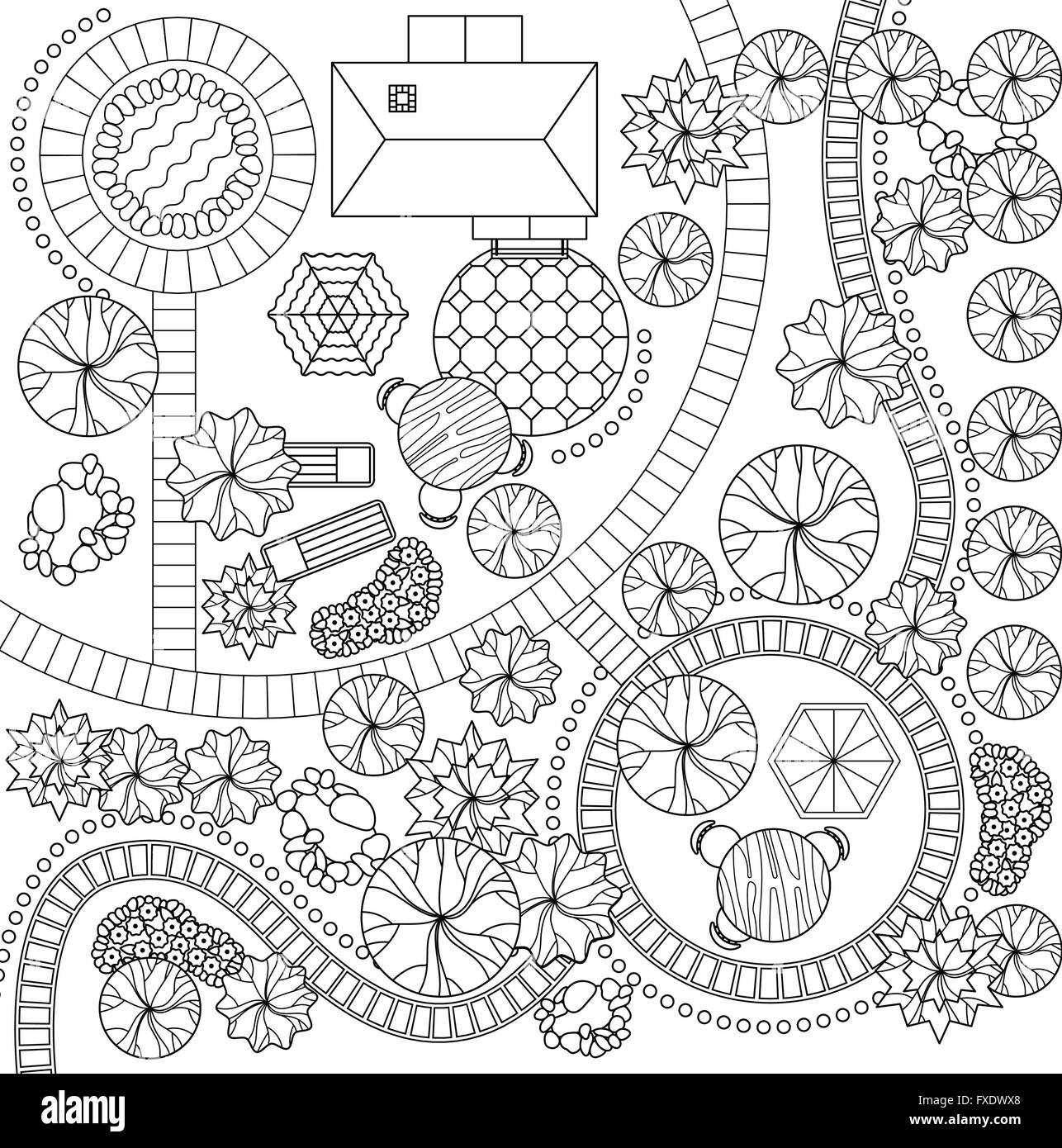 Jardin paysage ville design black line Illustration de Vecteur