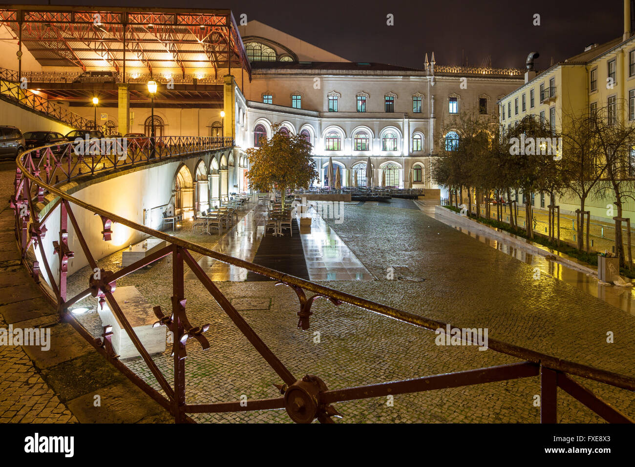Nuit à la gare du Rossio à Lisbonne, Portugal. Banque D'Images