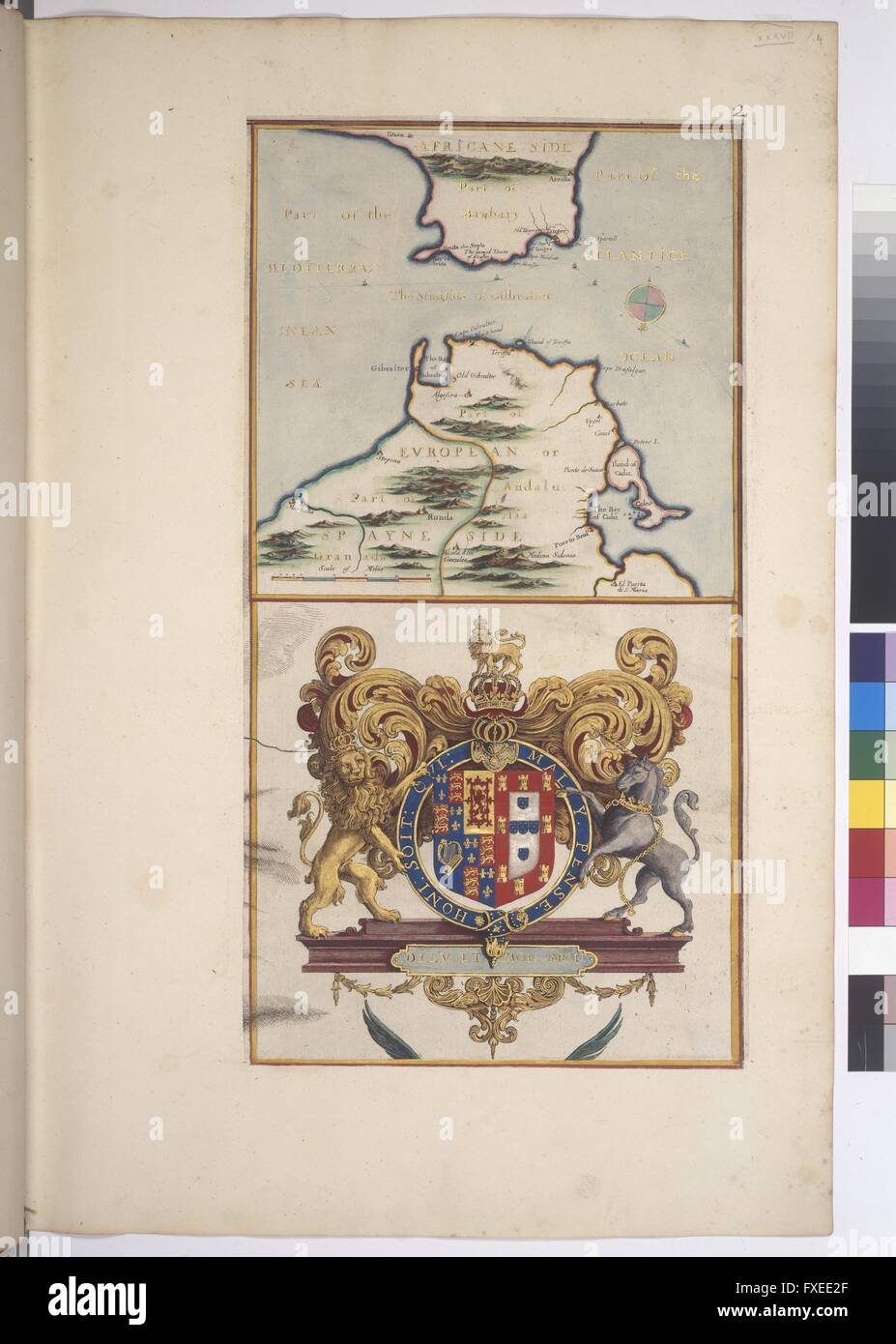 Karte der Straße von Gibraltar und Wappen von König Charles II von Großbritannien Banque D'Images
