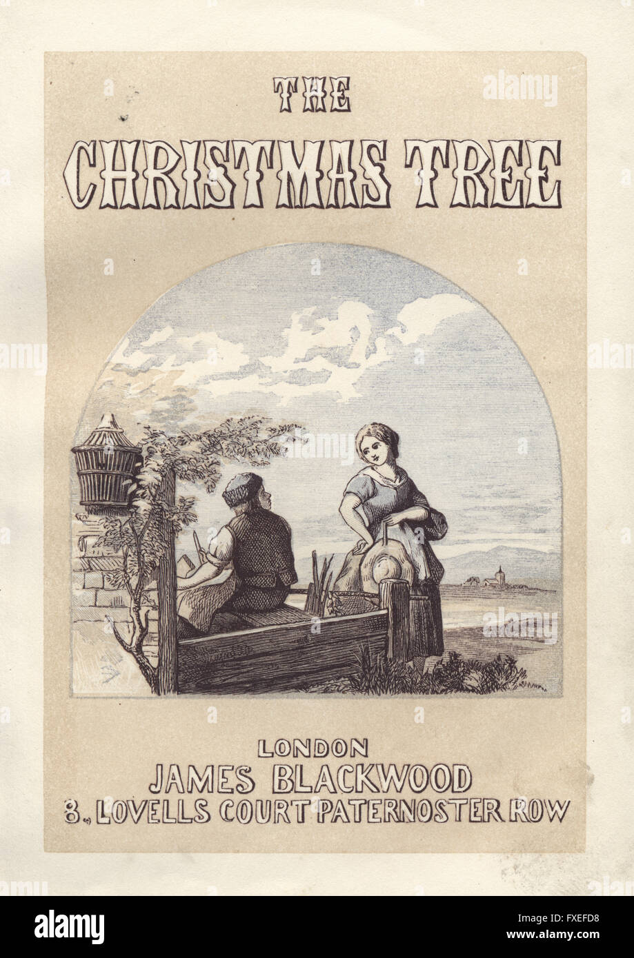 Frontispice - page de titre de la publication de l'arbre de Noël 1860, montrant une jeune fille de campagne victorienne flirtant avec un jeune homme Banque D'Images