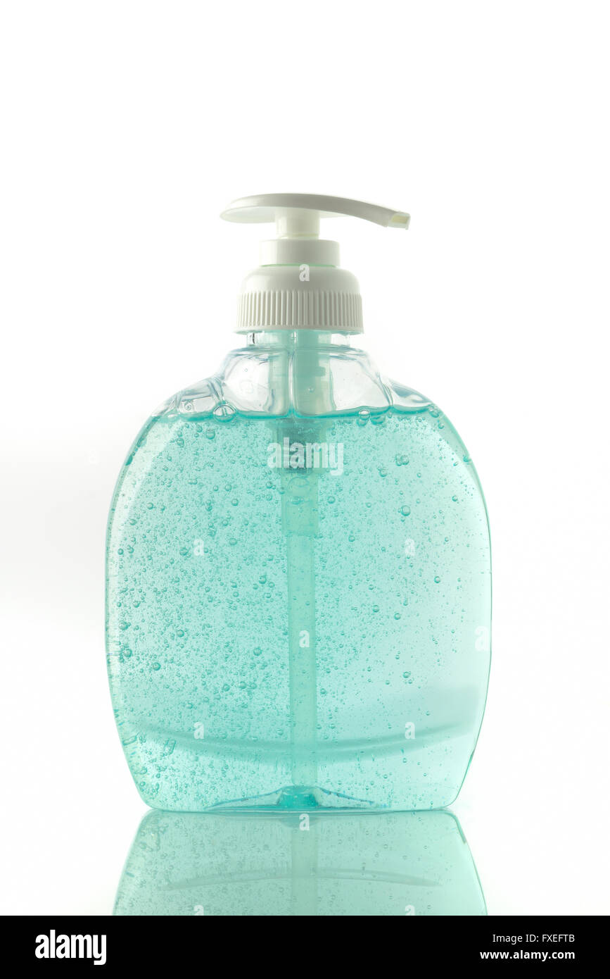 Lavage des mains savon liquide dans la couleur turquoise Banque D'Images