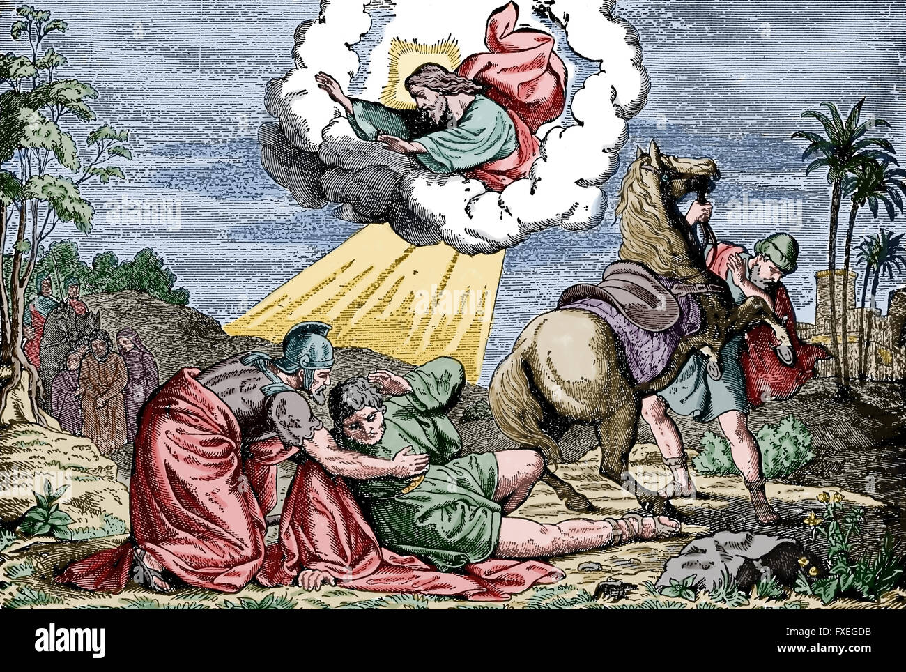 L'Apôtre Paul (5-67 MA) à l'origine connu comme Saul de Tarse. Conversion de Paul l'Apôtre. Gravure, 19ème siècle. La couleur. Banque D'Images