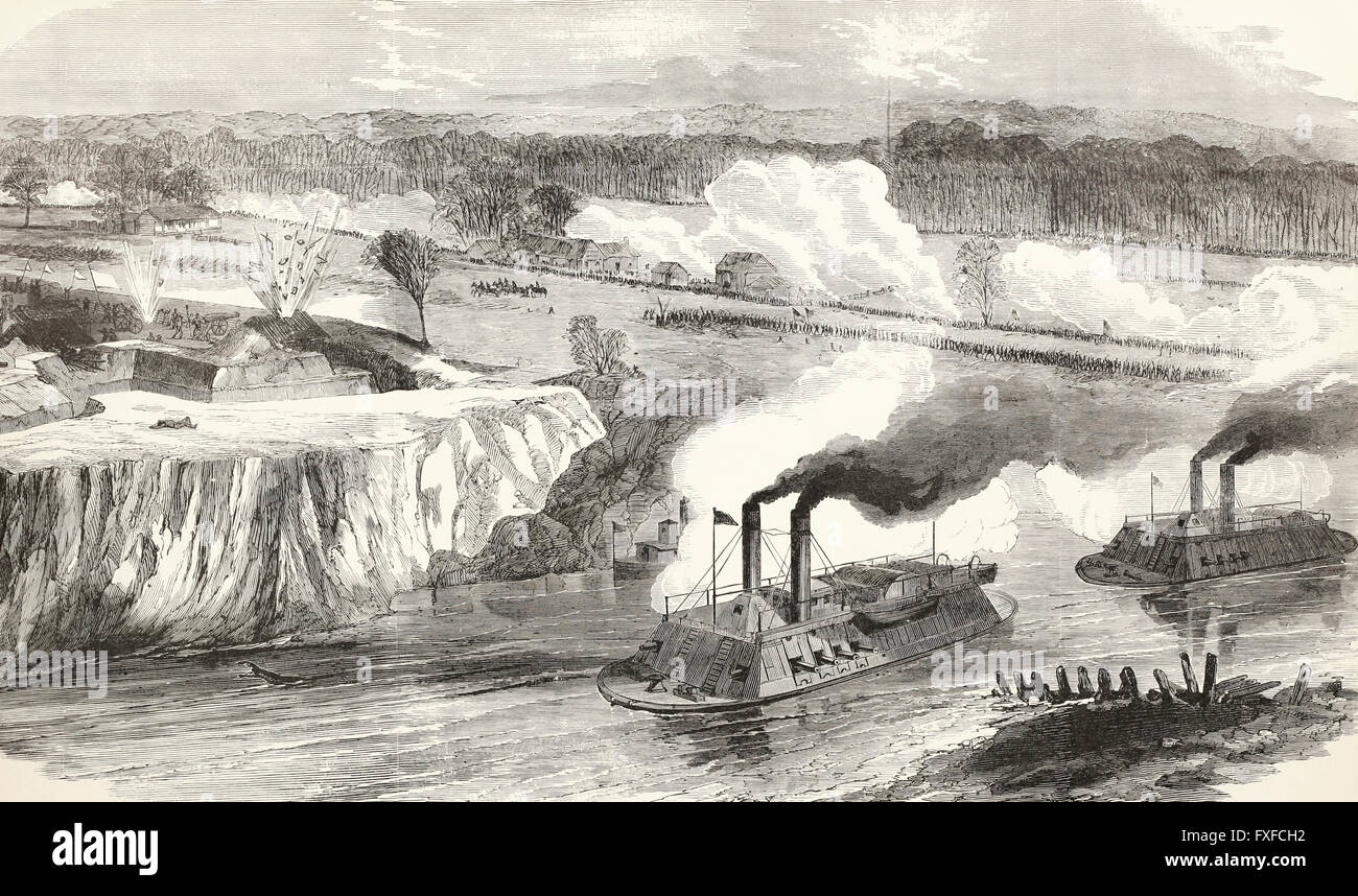 L'investissement de Fort Hindman, Arkansas Post, Arkansas, par les troupes fédérales en vertu de l'McClernand et son bombardement par les canonnières fédérales commandée par le Contre-amiral D.D. Porter, le 11 janvier 1863 Banque D'Images